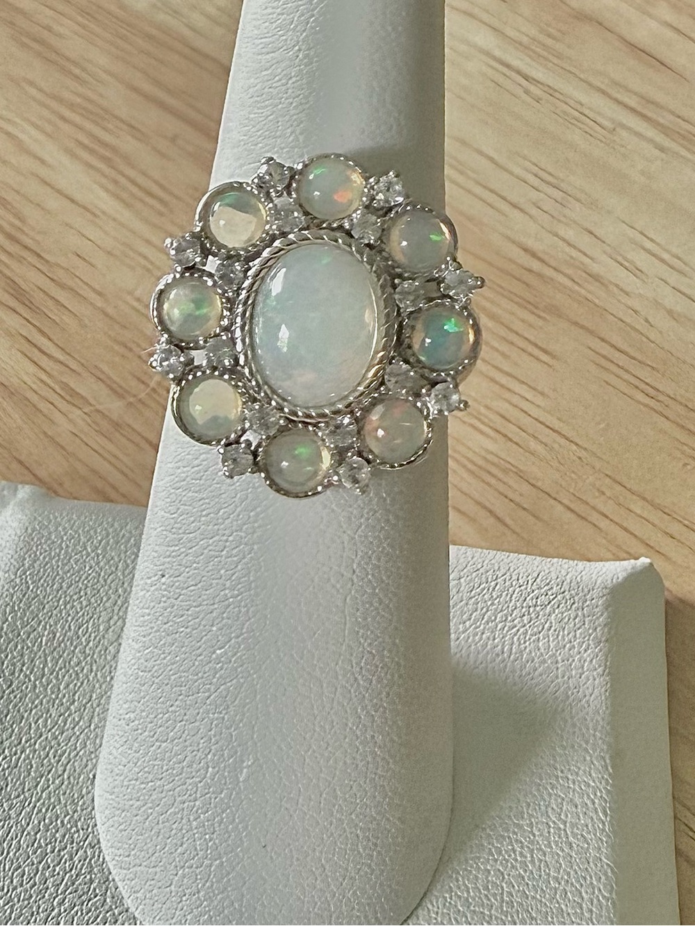 Sterling Silver White Sapphire and Opal Cluster Ring - Size 6